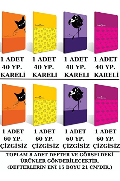 Faber Castell PLASTİK KAPAKLI A5 DEFTER KARELİ VE ÇİZGİSİZ 8 ADET KARIŞIK REN...