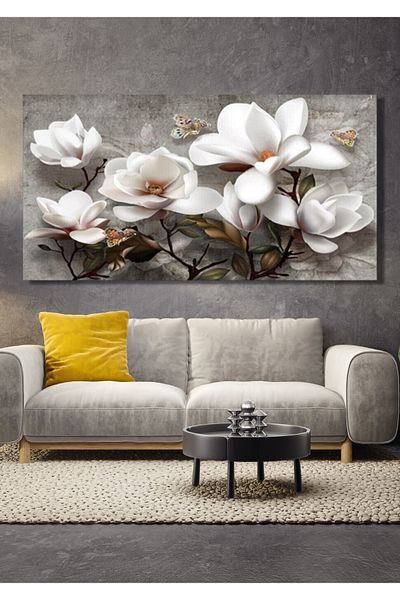 NT Handmade Pictură pe pânză cu flori albe moderne 40x30cm - Decor de perete pentru living dormitor birou intrare