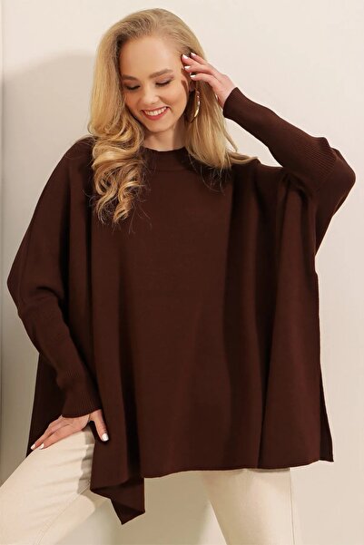 MODAMERSİ Дамски кафяв пуловер с разрез и по-голям размер