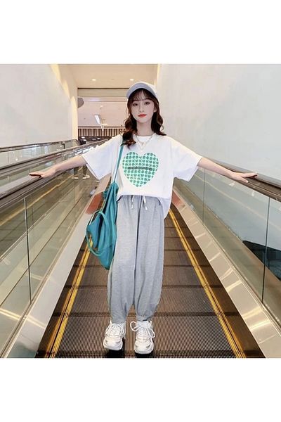 Keywest Green Heart Printed Summer Oversize Combed Cotton Girl's T-Shirt Tracksuit Set