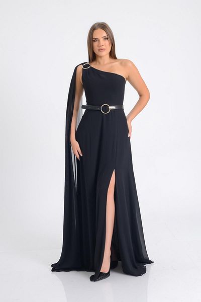 SpringStore Rochie de seara cu centura in talie cu un singur umar