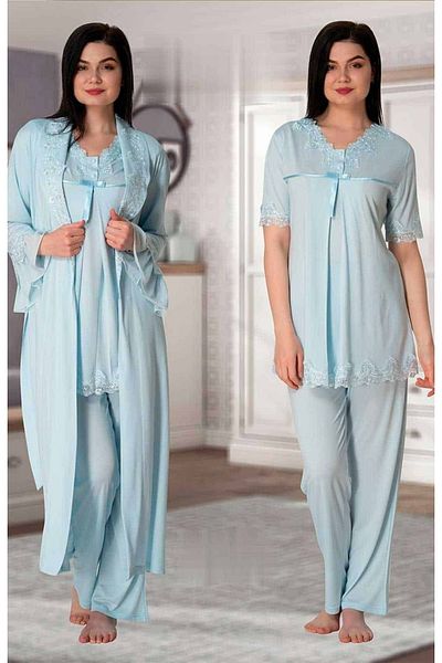 BLACKMORE Set de pijamale de maternitate din dantela albastra pentru femei, 3 piese