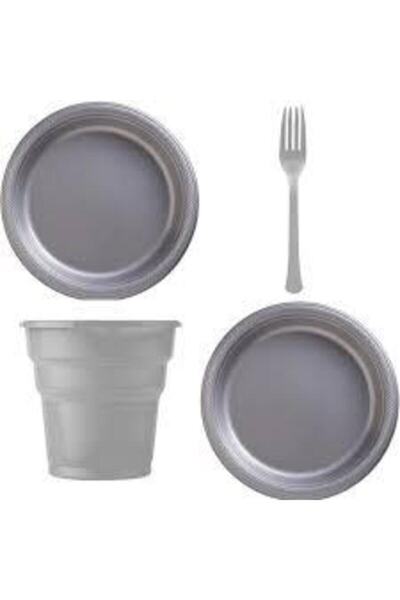 Parti Station Gümüş Renk Plastik Tabak Bardak Çatal Seti - Lüx Plastik 25 Kiş...