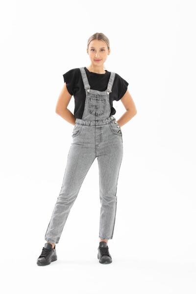 CAZİBE Kadın Gri Jean Kot Salopet Tulum