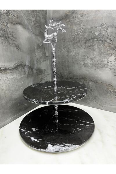 Modestmar Natural Black Marble 2-Piece Cake Holder Presentation, Layered Serve Silver Deer Object