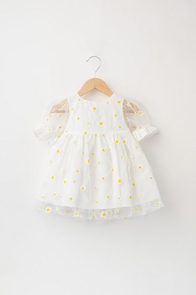 Banamio Cotton Lined Daisy Printed Fluffy Tulle Short Sleeve Dress