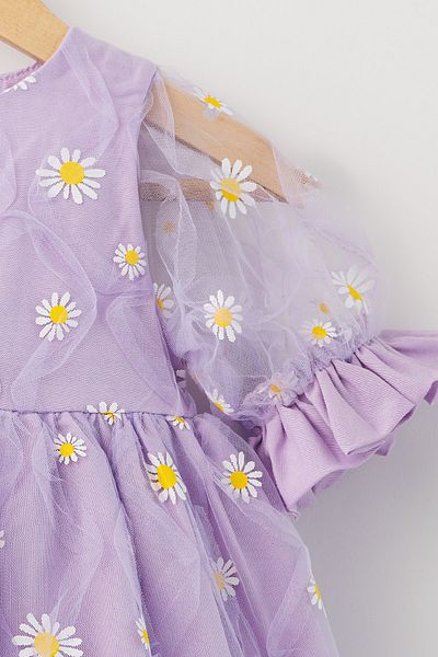 Banamio Cotton Lined Daisy Printed Fluffy Tulle Short Sleeve Dress
