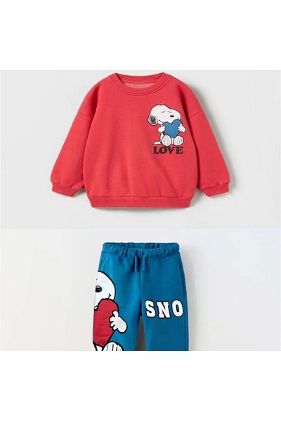 Machetta Peanuts Colorful Snoop Printed Winter 3 Thread Crew Neck Tracksuit Set