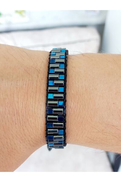 REGGENTE Mavi Gri Hematit Doğal Taş Siyah Deri Bileklik
