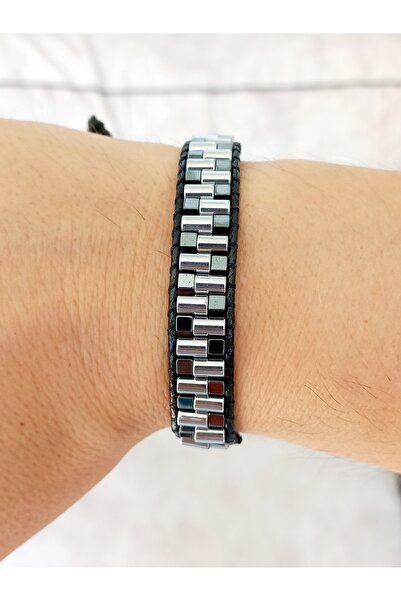 REGGENTE Silver Hematite Natural Stone Black Leather Bracelet