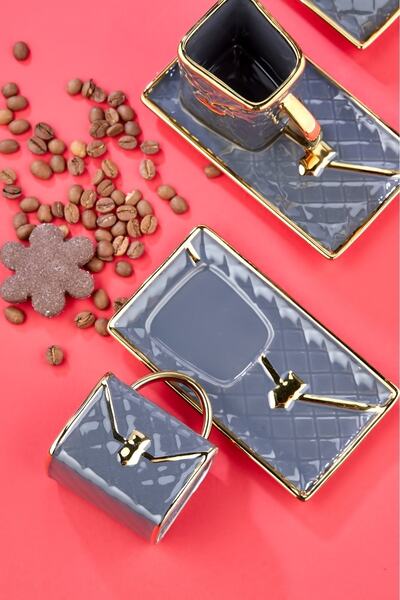 Cooker 6'lı Çanta Desenli 90 ml Porselen Kahve Fincan Seti | Altın Yaldızlı Şık Kutulu Hediyelik