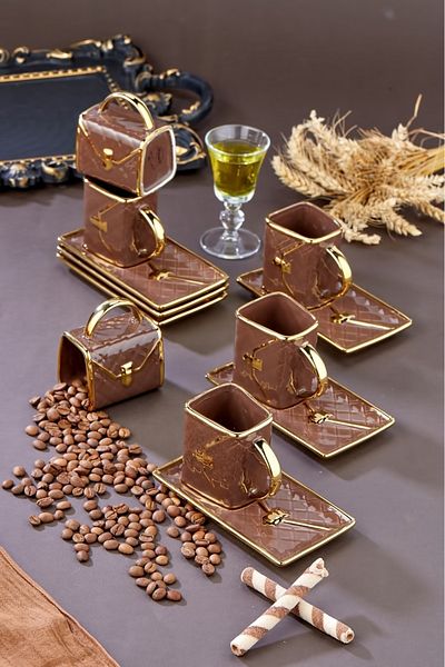 Cooker Set of 6 Bag Patterned 90 ml Porcelain Coffee Cups |   Gold Gilded Stylish Boxed Gift