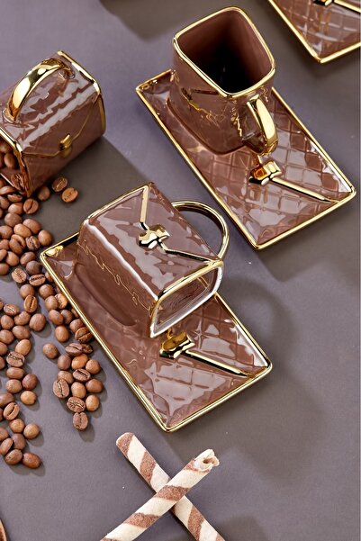 Cooker Set of 6 Bag Patterned 90 ml Porcelain Coffee Cups | Gold Gilded Stylish Boxed Gift