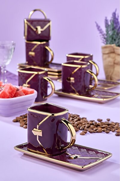 Cooker Set of 6 Bag Patterned 90 ml Porcelain Coffee Cups | Gold Gilded Stylish Boxed Gift