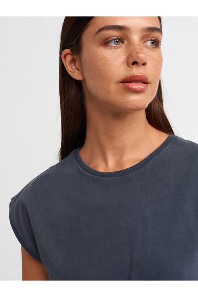 Dilvin 30373 Μπλουζάκι με κοντομάνικο ξεθωριασμένο εφέ-Anthracite