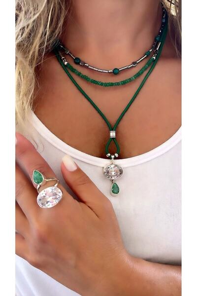 splashtakı 925 Ayar Gümüş Kolye Kristal Kuvars Yeşim Taşlı Kök Zümrüt Yüzük D...