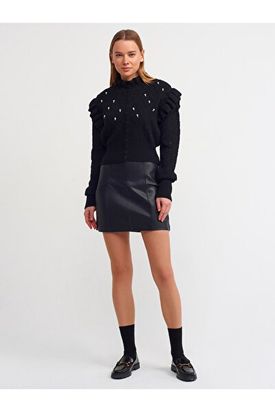Dilvin 80722 Dikiş Detaylı Suni Deri Mini Etek-siyah