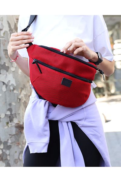 POWBAG Red Mesh Large Size Adjustable Strap Sports Waist and Shoulder Bag Meshbag