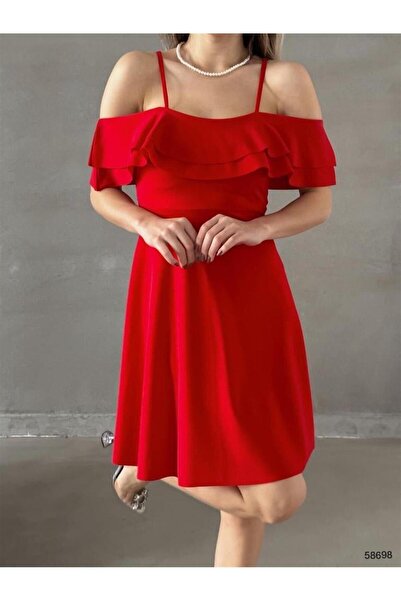 Mekafashion Azra Ruffle Collar Flared Dress 58698 Red