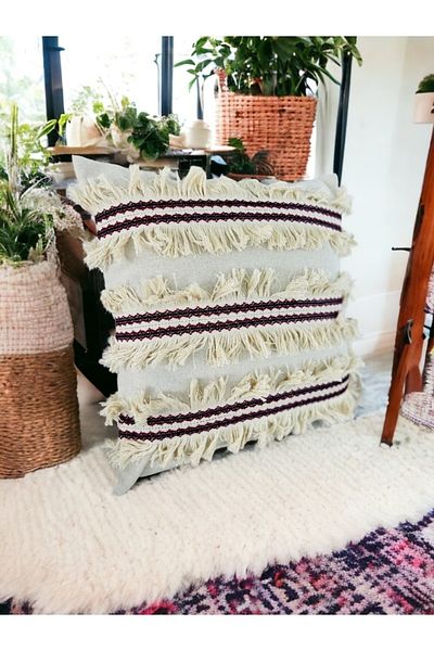 NDC HOME 3 Tassels and Patterned Linen Cream Throw Pillow Cushion Cover