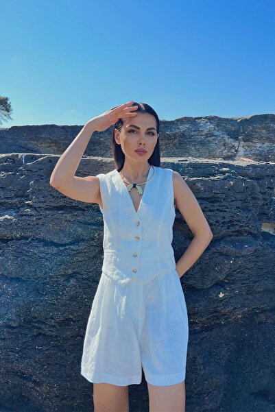 Seda Yalçın Atelier Ecru Linen Shorts and Vest Set