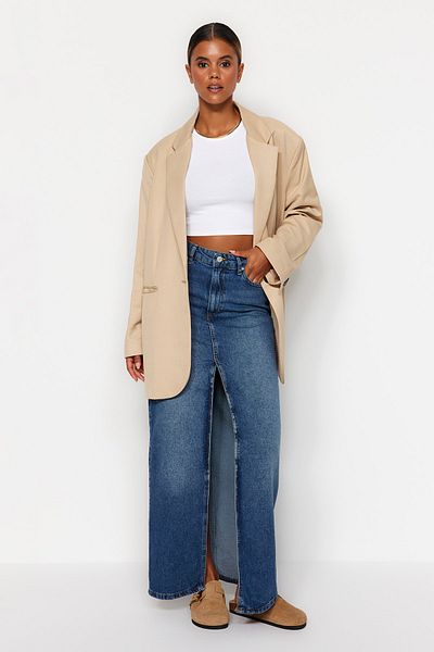 Trendyol Collection Modrá, udržitelnější, rozparkovaná Maxi džínová sukně Twoaw24Et00058