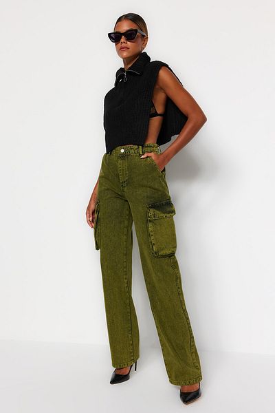 Trendyol Collection Πράσινο φαρδύ τζιν ψηλόμεσο με τσέπες Cargo TWOAW24JE00020