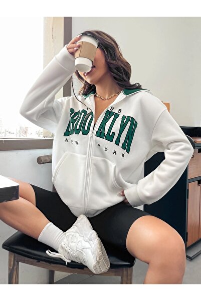 Keywest Ζακέτα / μπουφάν Unisex Λευκό Χρώμα με φερμουάρ Green Brooklyn Printed 3 Thread Fleece