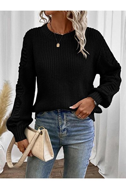 ADA Pulover de damă Selanik din tricot cu mâneci, cu decolteu, negru