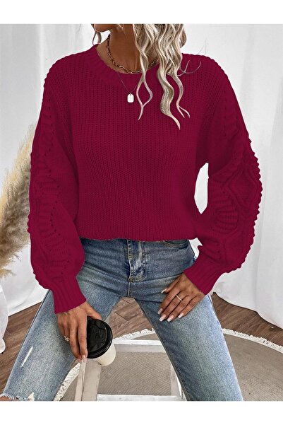 ADA Pulover de damă Selanik cu mâneci tricotate cu decolteu roșu Claret