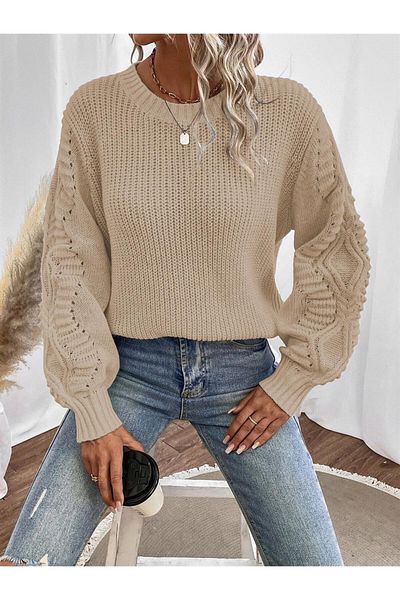 ADA Women's Thessaloniki Knitted Sleeve Motif Crew Neck Stone Colored Knitwear Sweater