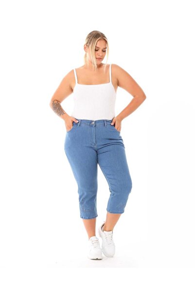 HaiModa Kadın Büyük Beden Bel Lastikli Kot Anne Kapri Nakışlı