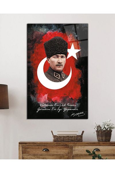 Rosyvien Mustafa Kemal Atatürk Turkish Flag Glass Painting, the Best Duty Who Loves His Homeland Most Is the Best, Decor