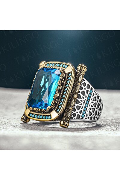 Takılingo 925 Ayar Gümüş Akuamarin Taşlı Turkuaz Detaylı Usta İsi Erkek Yüzük