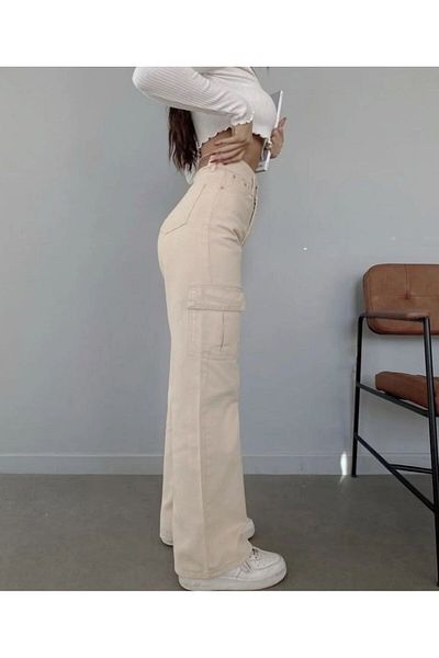 Lalove Beige Palazzo Women's Trousers - Cargo Pocket