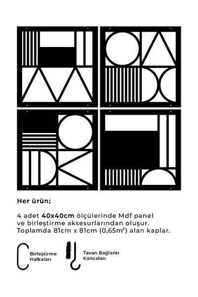 standarts Makta ® Lazer Kesim Sarkıt Paravan, Ahşap Seperatör, Oda Bölücü 4'lü Panel Levha Seti