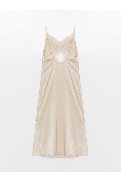 LC Waikiki Satin-Nachthemd für Damen – V-Ausschnitt und Spitze mit detaillierten Trägern