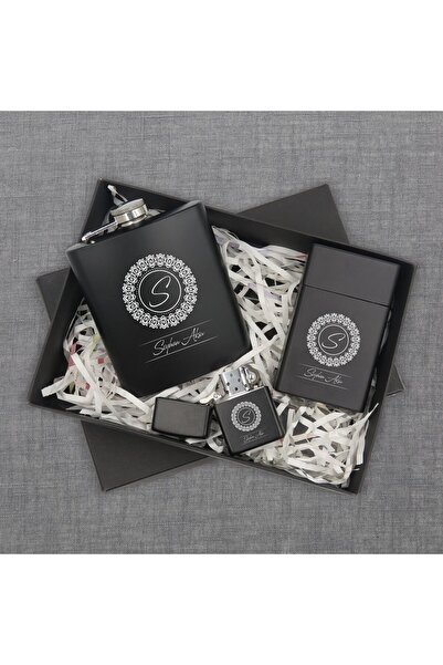 Bk Gift Kişiye Özel İsimli Siyah Çelik İçki Matarası Sigara Kutusu ve Benzinl...