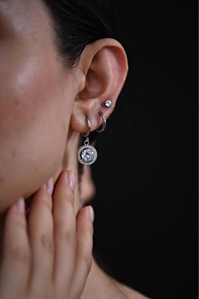 TÜKKAN ACCESSORİES GÜMÜŞ YUVARLAK ZİRKON BAGET TAŞLI 3 ÇİFT ÇOKLU KOMBİN ÇELİK KÜPE-CLKKP6