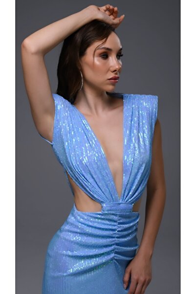 Gira official Mavi Payetli Cut Out Detaylı Midi Kolsuz Elbise