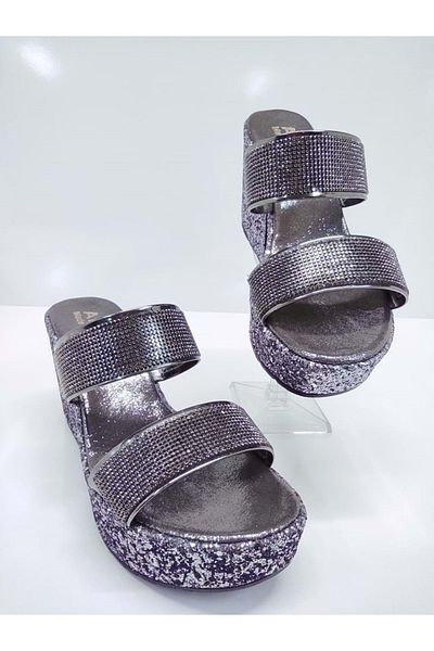 OEM AKSU 600 MODEL PLATINUM COLOR HIGH PADDED HEELS Rhinestone and GLitter Detailed TAPED WOMEN'S Evening Dress SLIPPERS PLATINUM