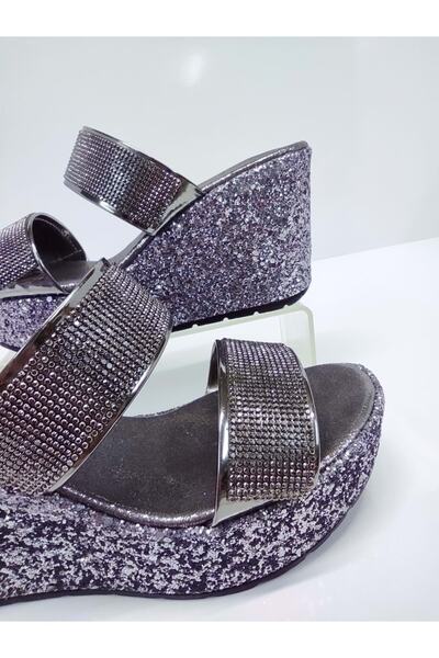 OEM AKSU 600 MODEL PLATINUM COLOR HIGH PADDED HEELS Rhinestone and GLitter Detailed TAPED WOMEN'S Evening Dress SLIPPERS PLATINUM