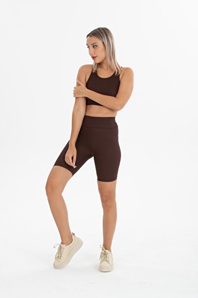 Eke Tekstil Ribbed Crop Top and Sports Tights Set with Shorts
