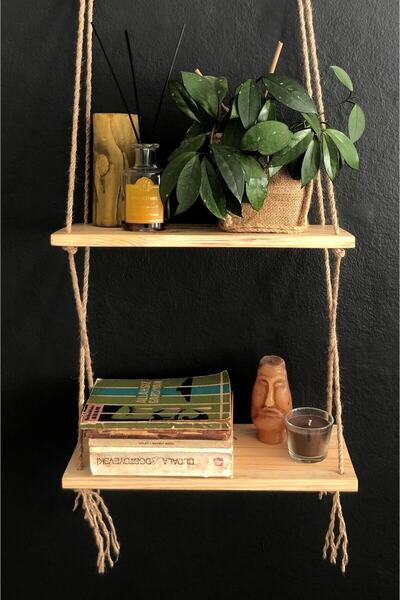 O&A WOOD 2 Katlı Ahşap Çiçeklik, Halatlı Doğal Ahşap Dekoratif Duvar Rafı, Re...