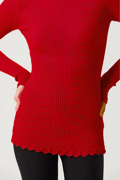 VEGENZE Women's Red Sleeve and Collar Lace Ruffle Detail Half Turtleneck Knitwear Sweater