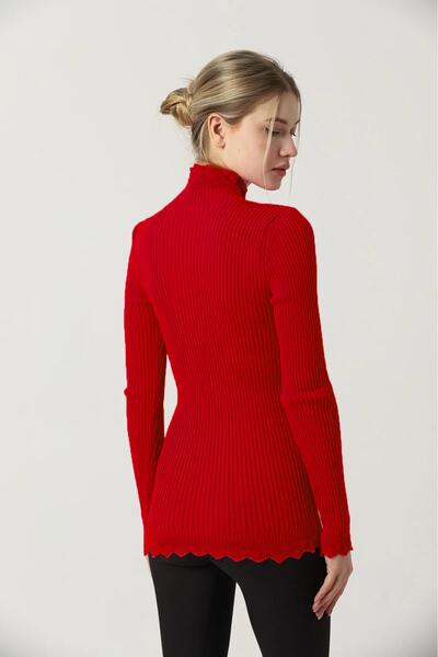 VEGENZE Women's Red Sleeve and Collar Lace Ruffle Detail Half Turtleneck Knitwear Sweater