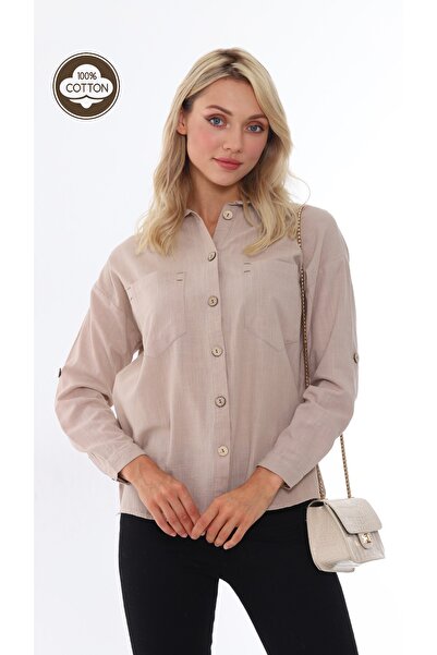 EVS WOMAN Kadın Keten Taş Düğme Detaylı Çift Cepli Gömlek