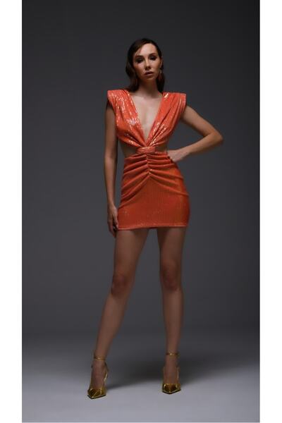 Gira official Turuncu Payetli Cut Out Detaylı Mini Elbise