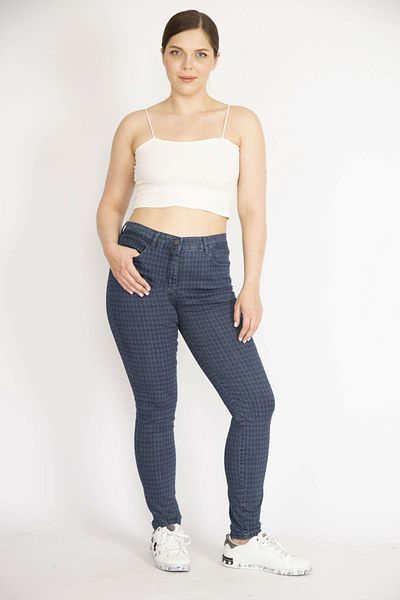 Şans Γυναικείο Navy Blue Large Size Houndstooth μοτίβο 5 Pocket Παντελόνι Lycra 65n36680