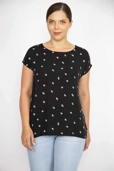 Şans Women's Black Plus Size Woven Viscose Fabric Low Sleeve Crew Neck Blouse 65n36654